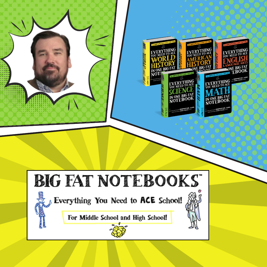 Comics-style graphic showing photo of English teacher Mr. Pearce, the logo for "Big Fat Notebooks" and a photo of five of the books from the series.